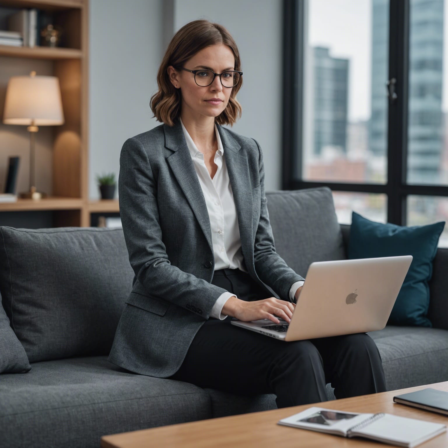 attractive young professional woman with glasses on couch with laptop